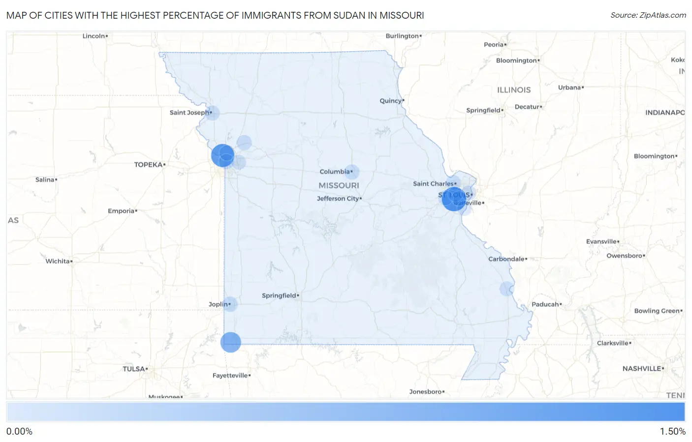 Cities with the Highest Percentage of Immigrants from Sudan in Missouri Map