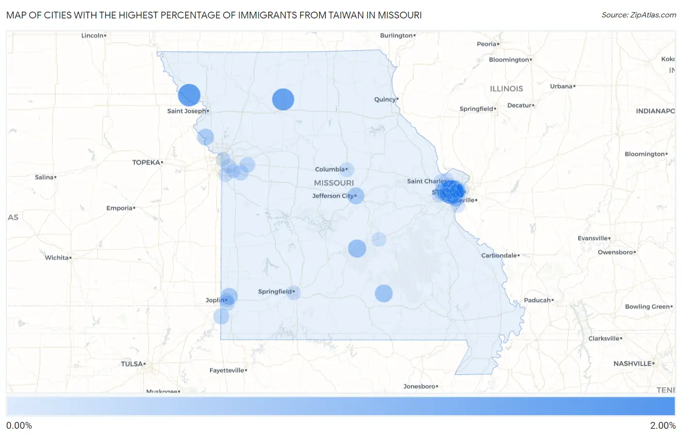Cities with the Highest Percentage of Immigrants from Taiwan in Missouri Map