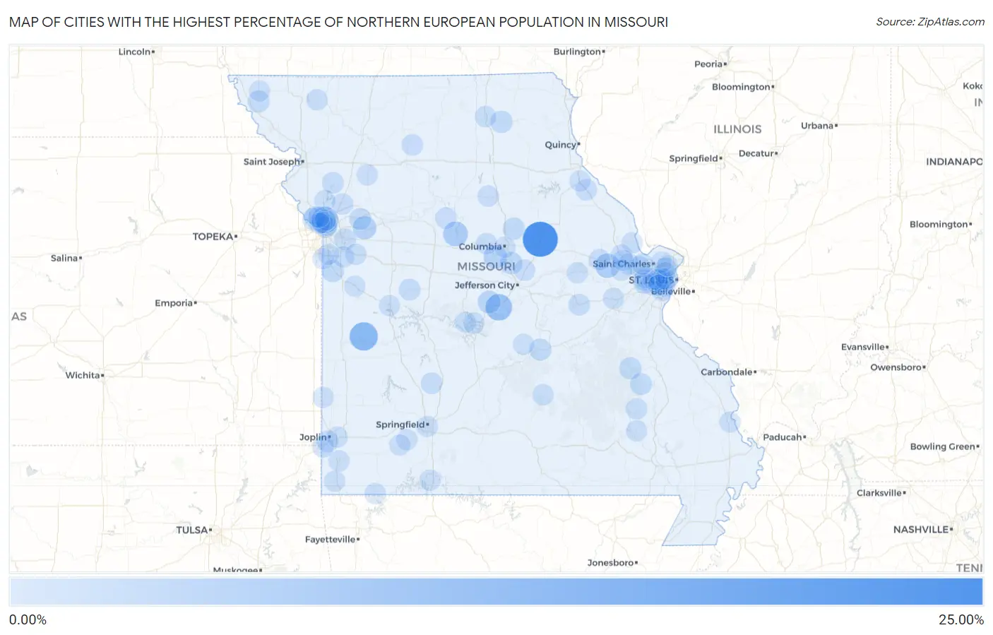 Cities with the Highest Percentage of Northern European Population in Missouri Map