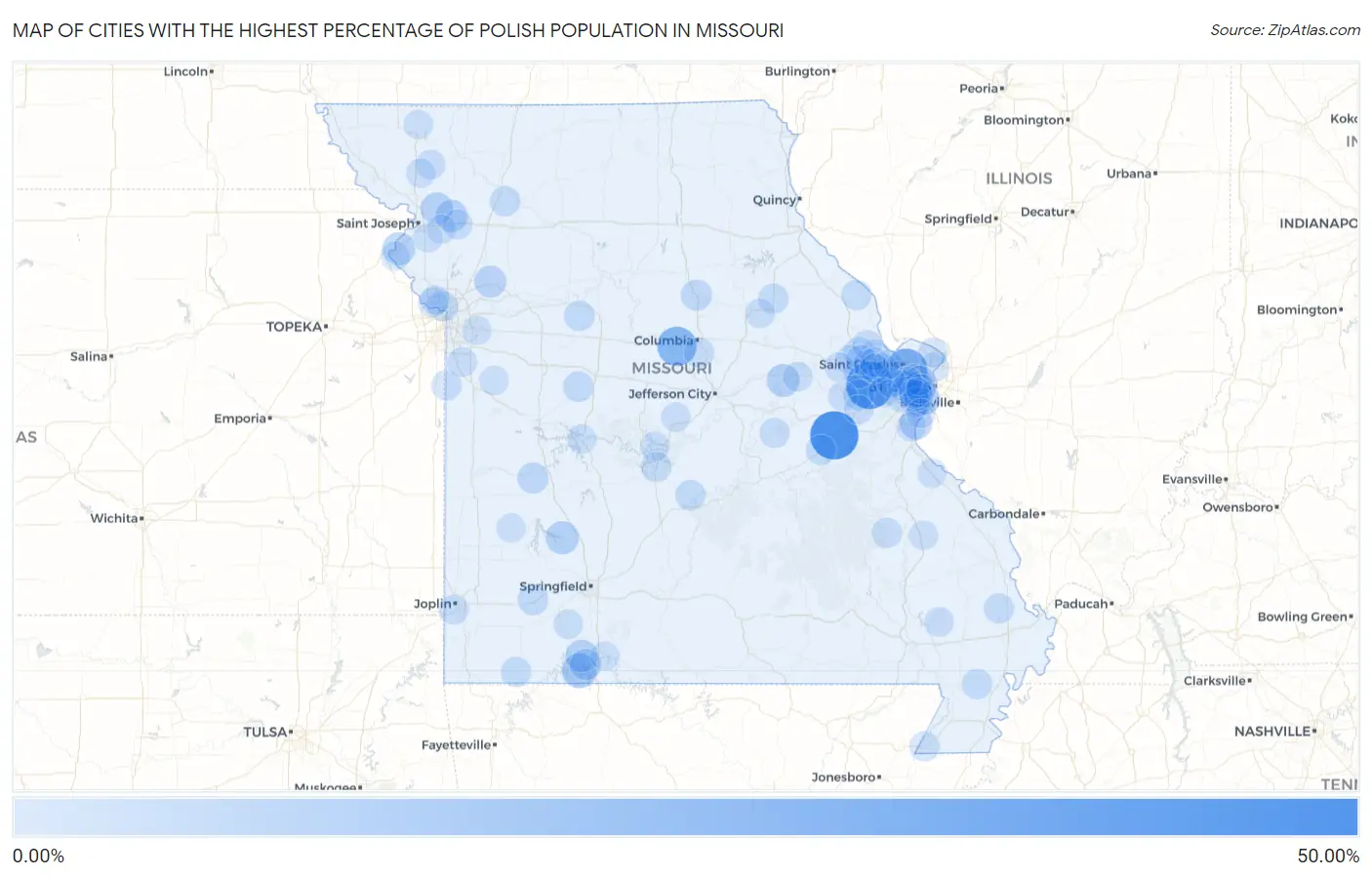Cities with the Highest Percentage of Polish Population in Missouri Map