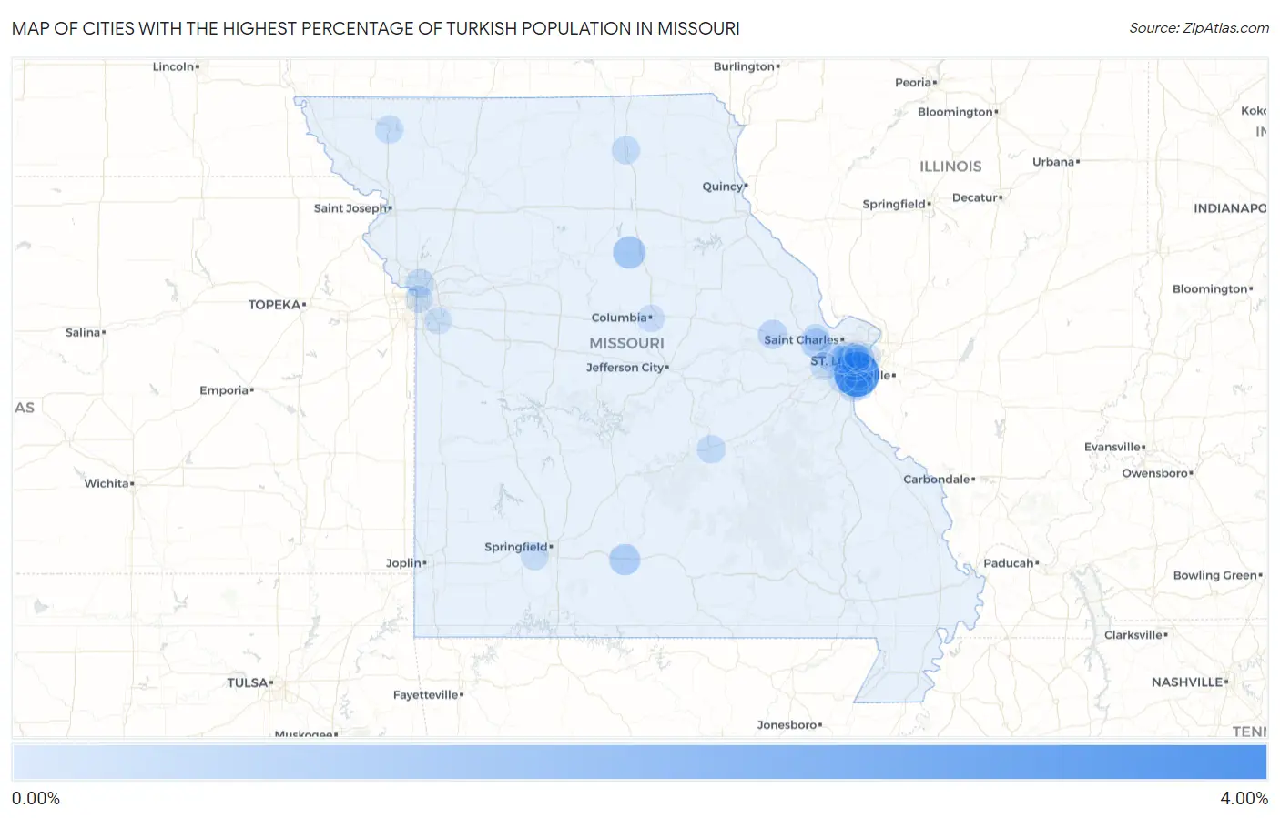 Cities with the Highest Percentage of Turkish Population in Missouri Map