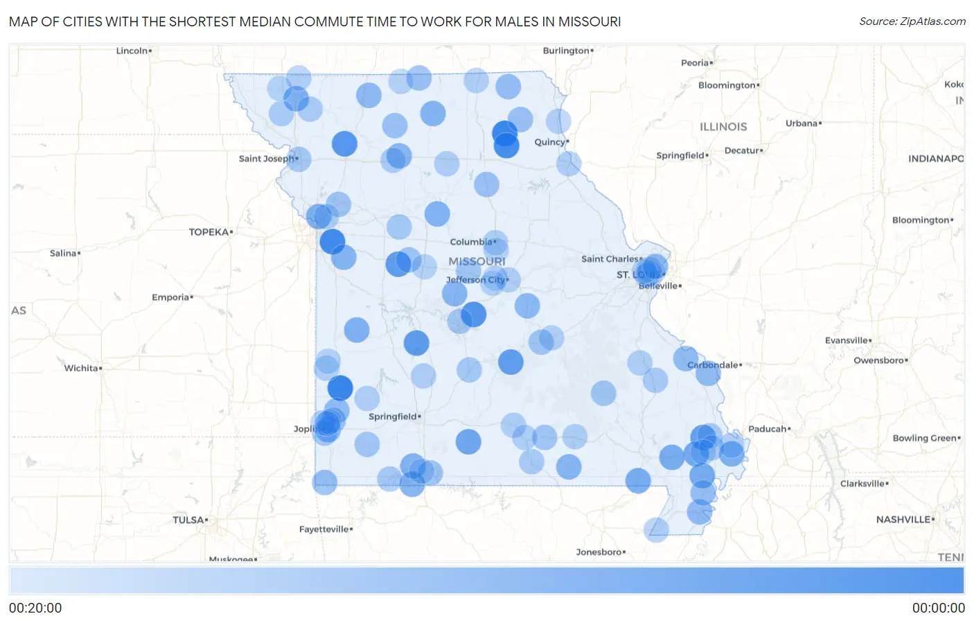 Cities with the Shortest Median Commute Time to Work for Males in Missouri Map
