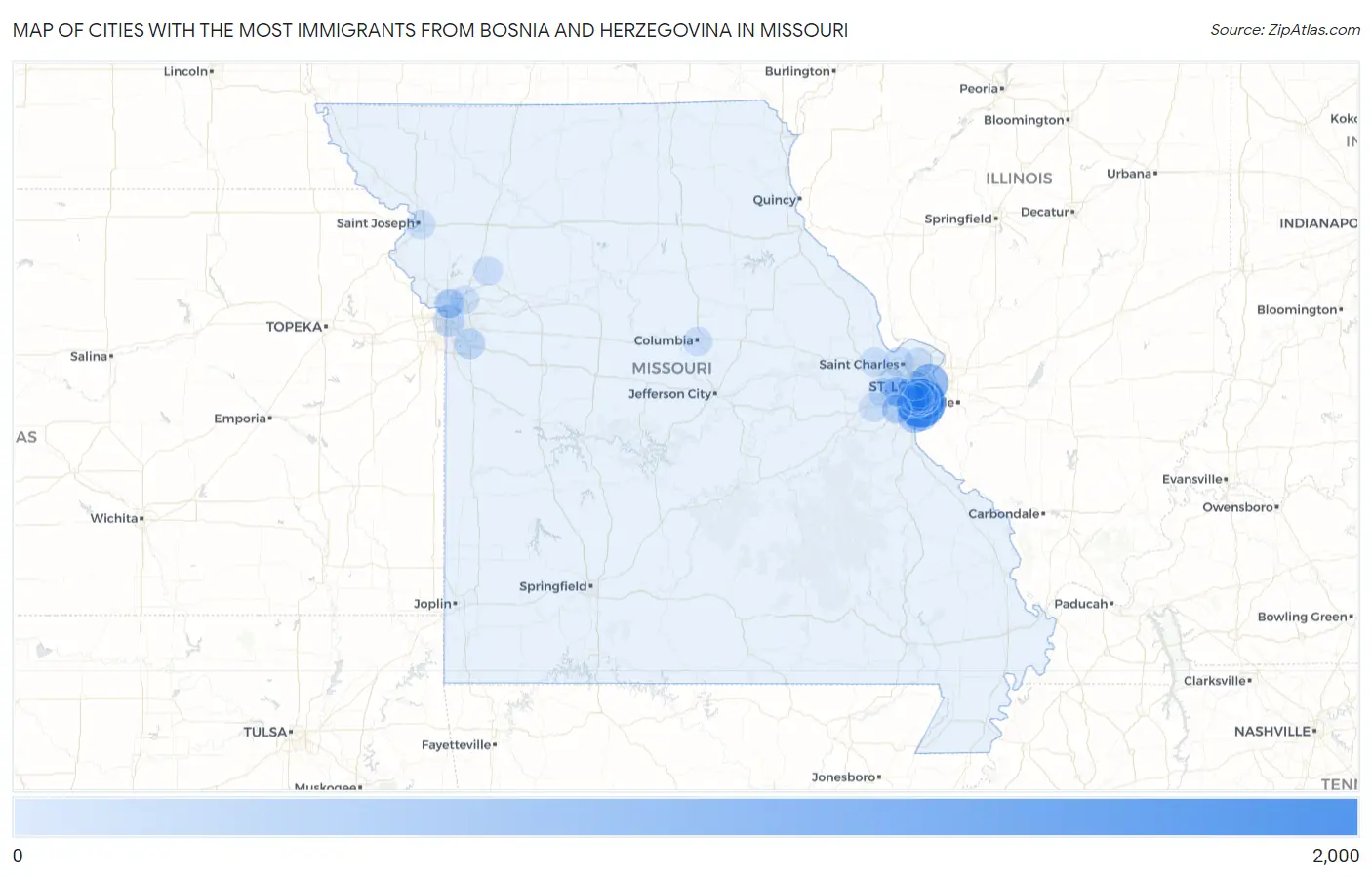 Cities with the Most Immigrants from Bosnia and Herzegovina in Missouri Map