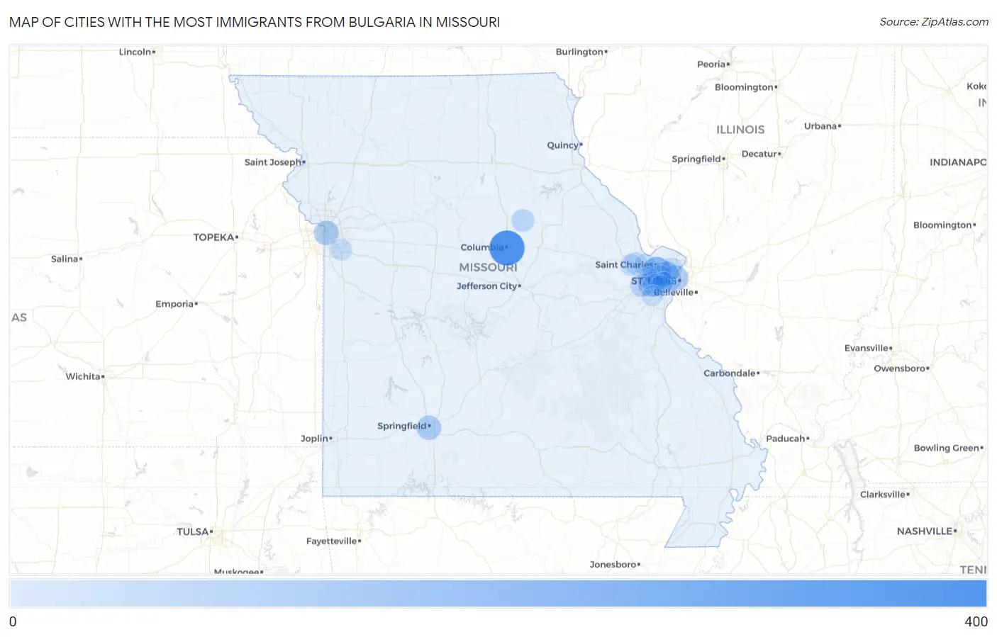 Cities with the Most Immigrants from Bulgaria in Missouri Map