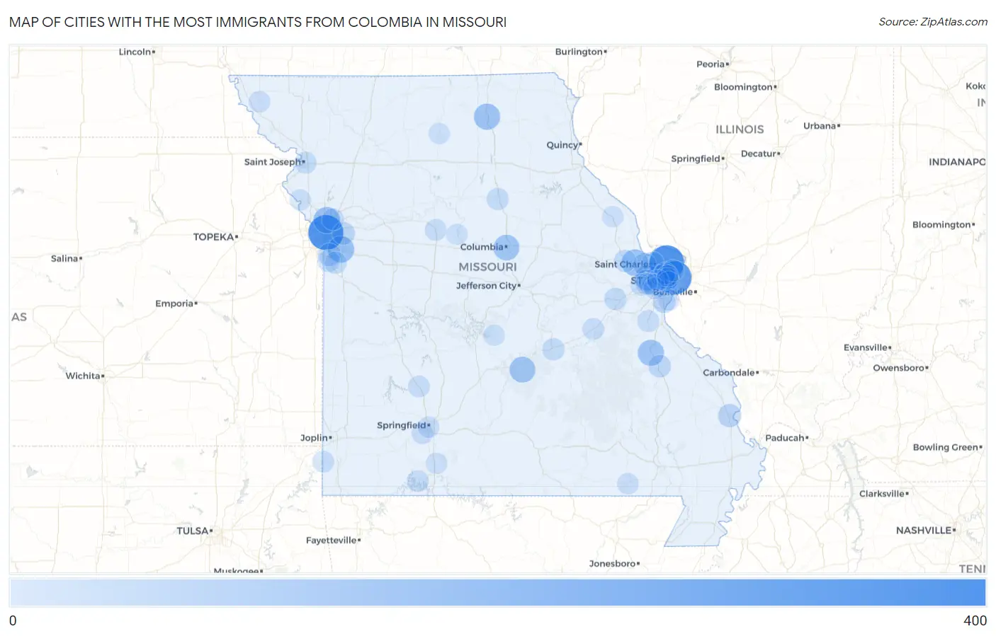 Cities with the Most Immigrants from Colombia in Missouri Map