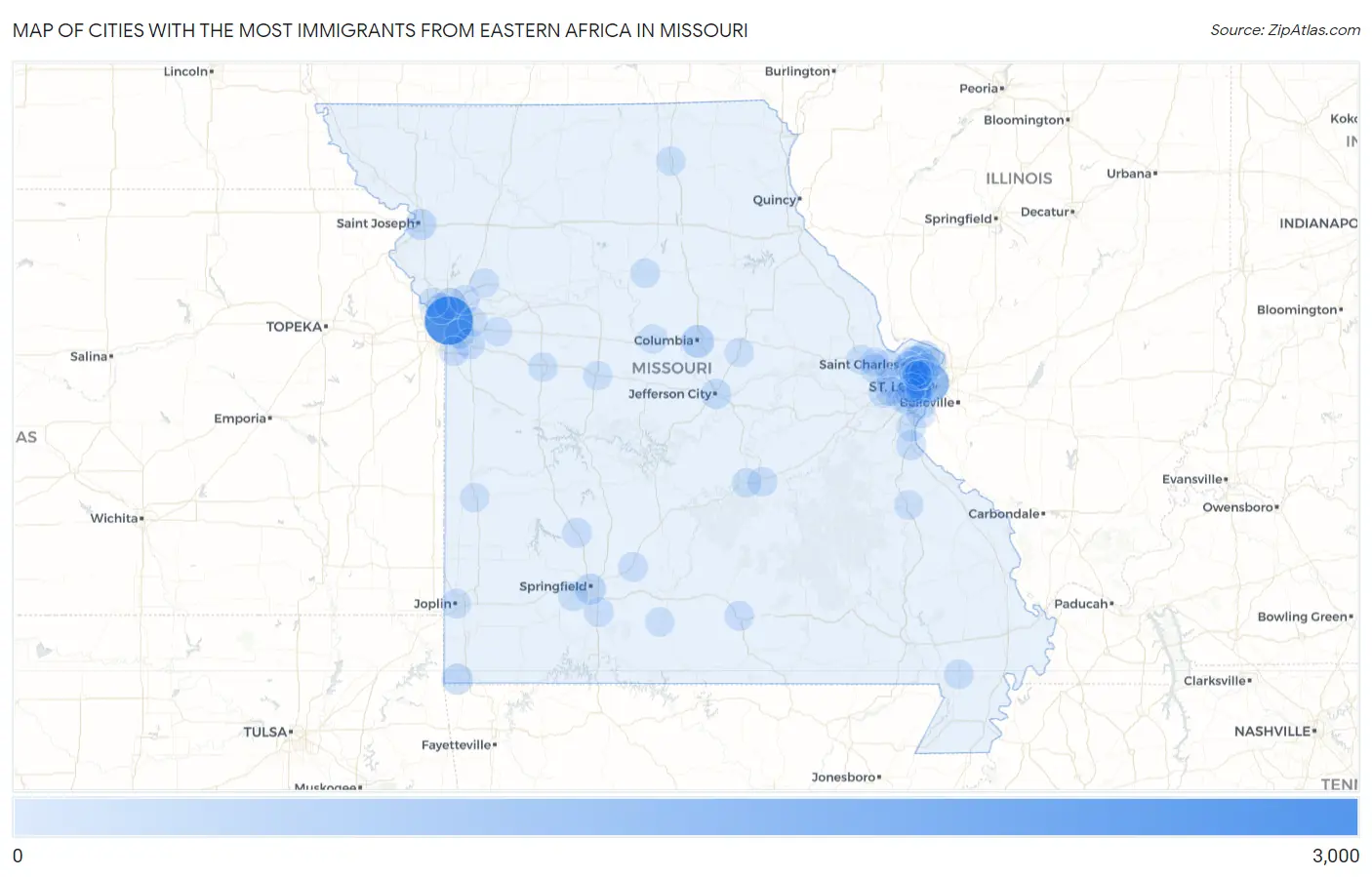 Cities with the Most Immigrants from Eastern Africa in Missouri Map