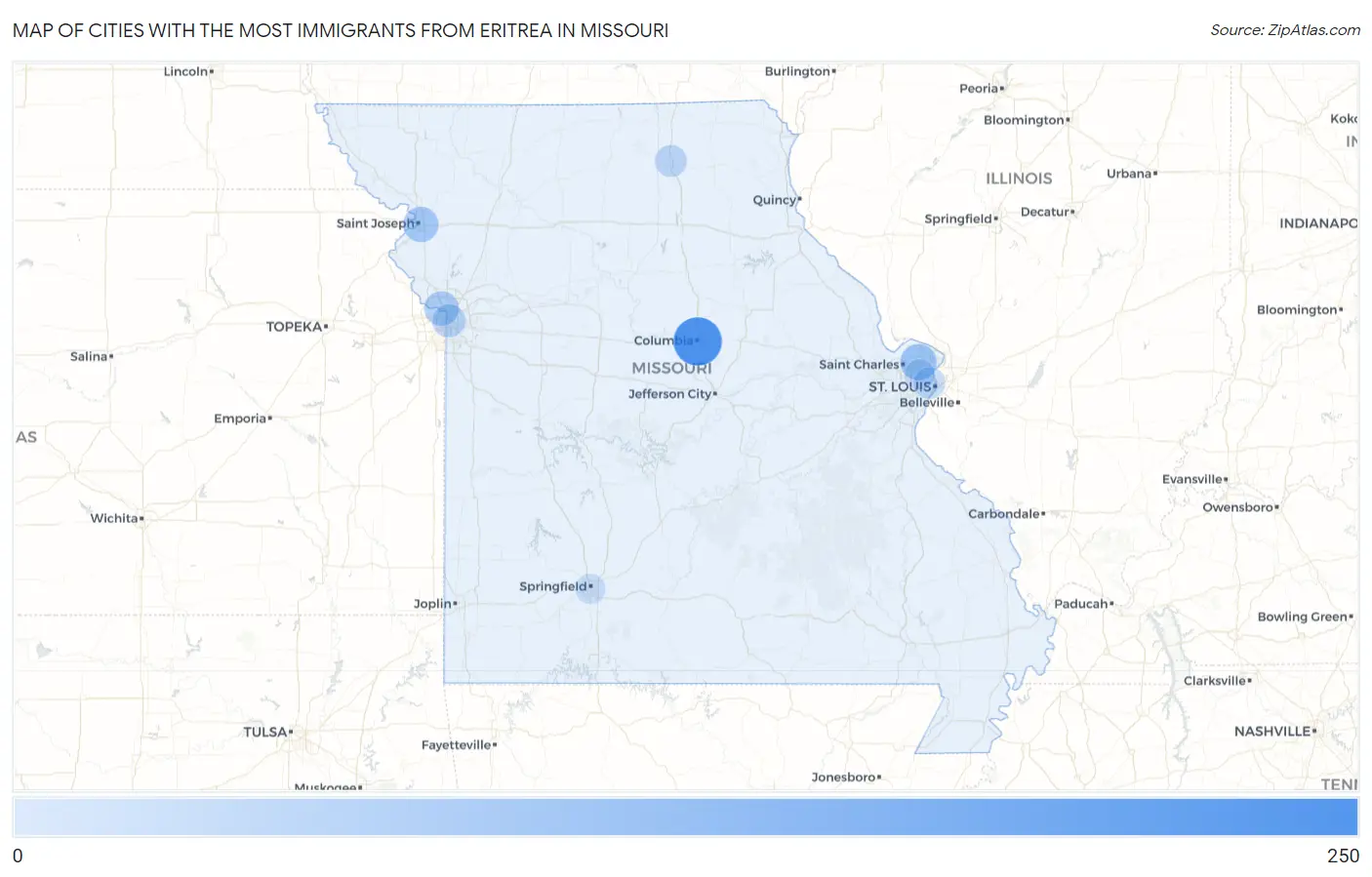 Cities with the Most Immigrants from Eritrea in Missouri Map