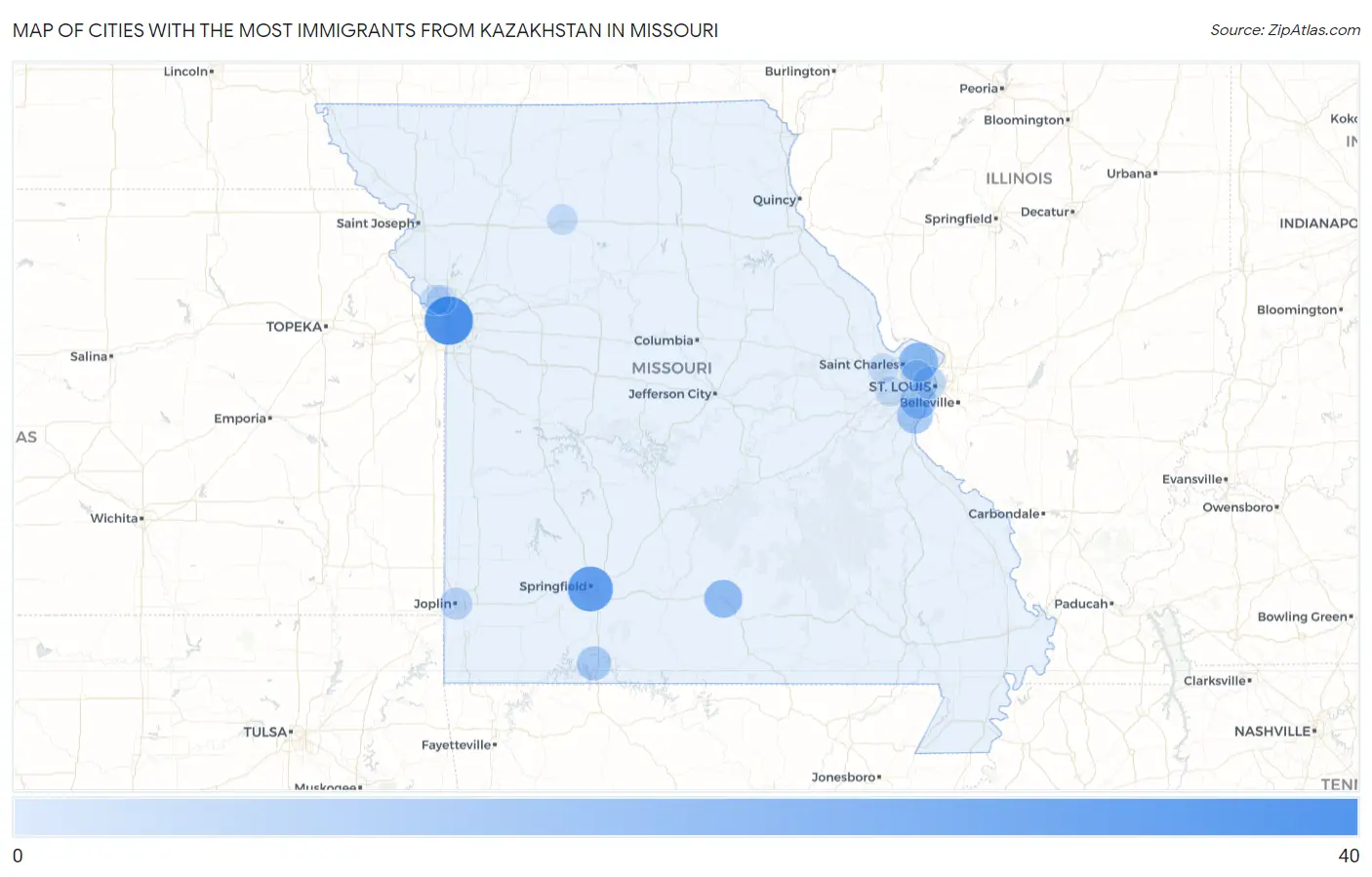 Cities with the Most Immigrants from Kazakhstan in Missouri Map