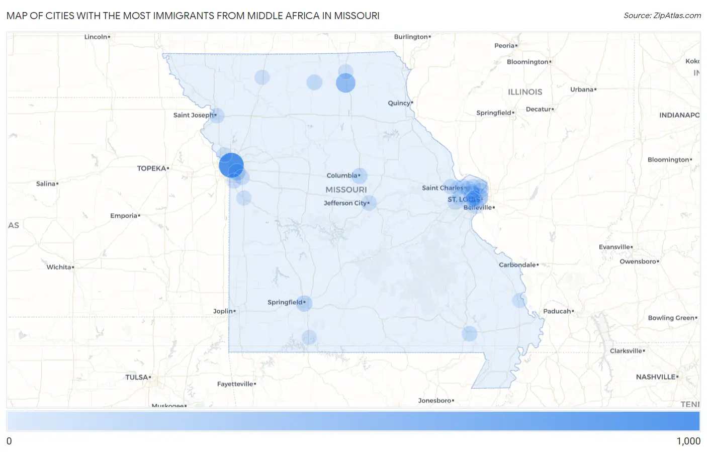 Cities with the Most Immigrants from Middle Africa in Missouri Map