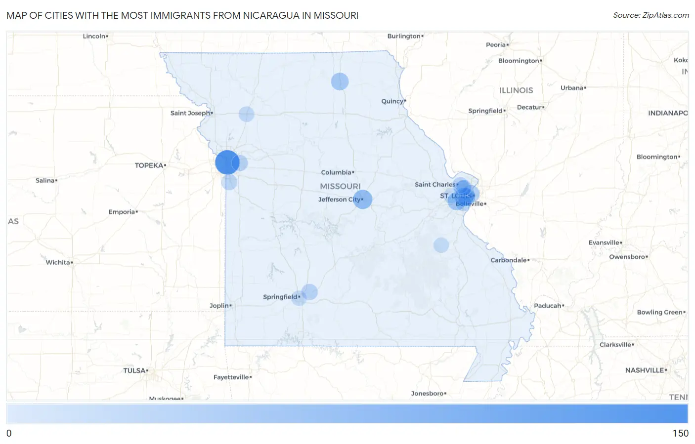 Cities with the Most Immigrants from Nicaragua in Missouri Map