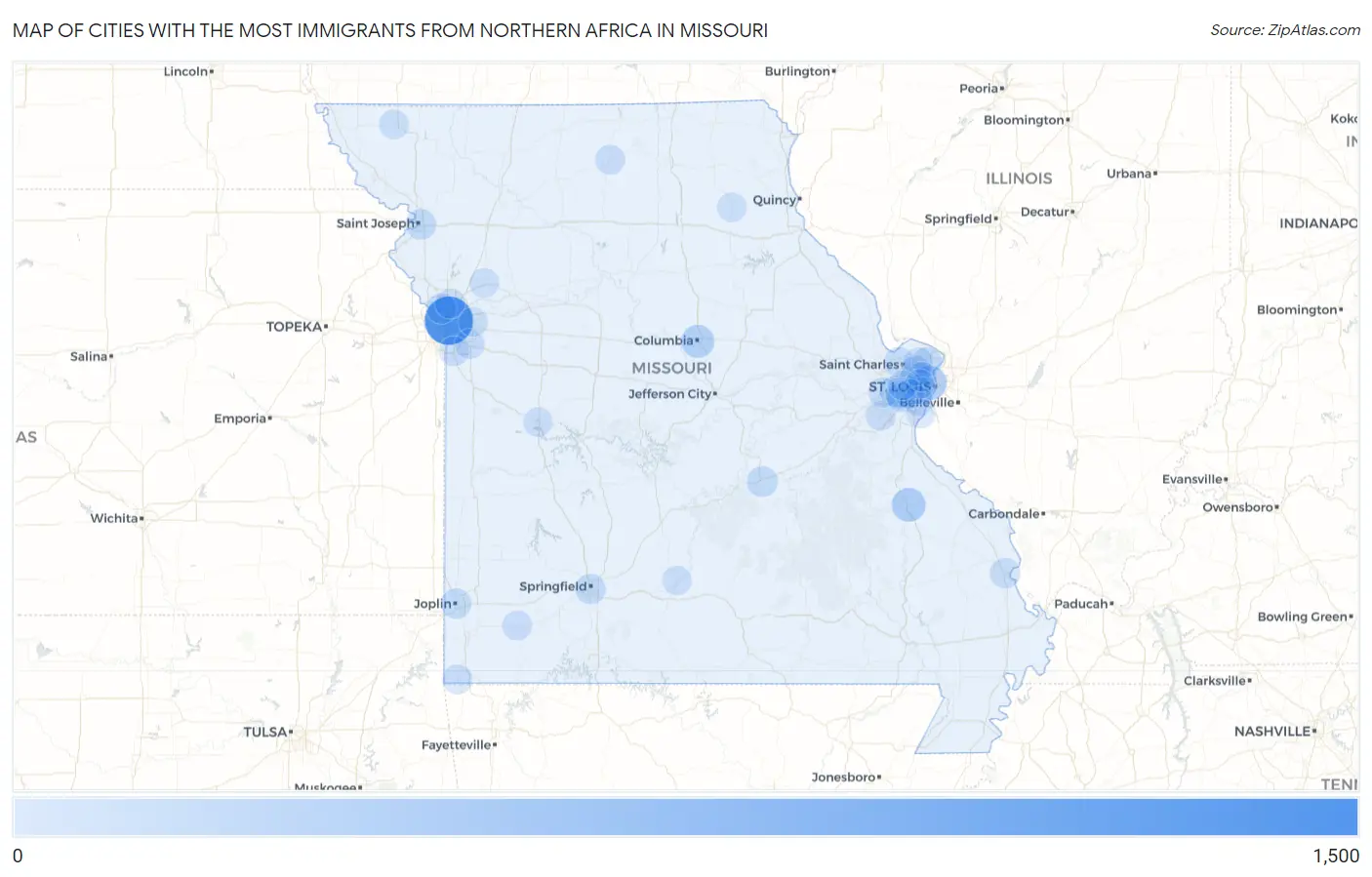 Cities with the Most Immigrants from Northern Africa in Missouri Map