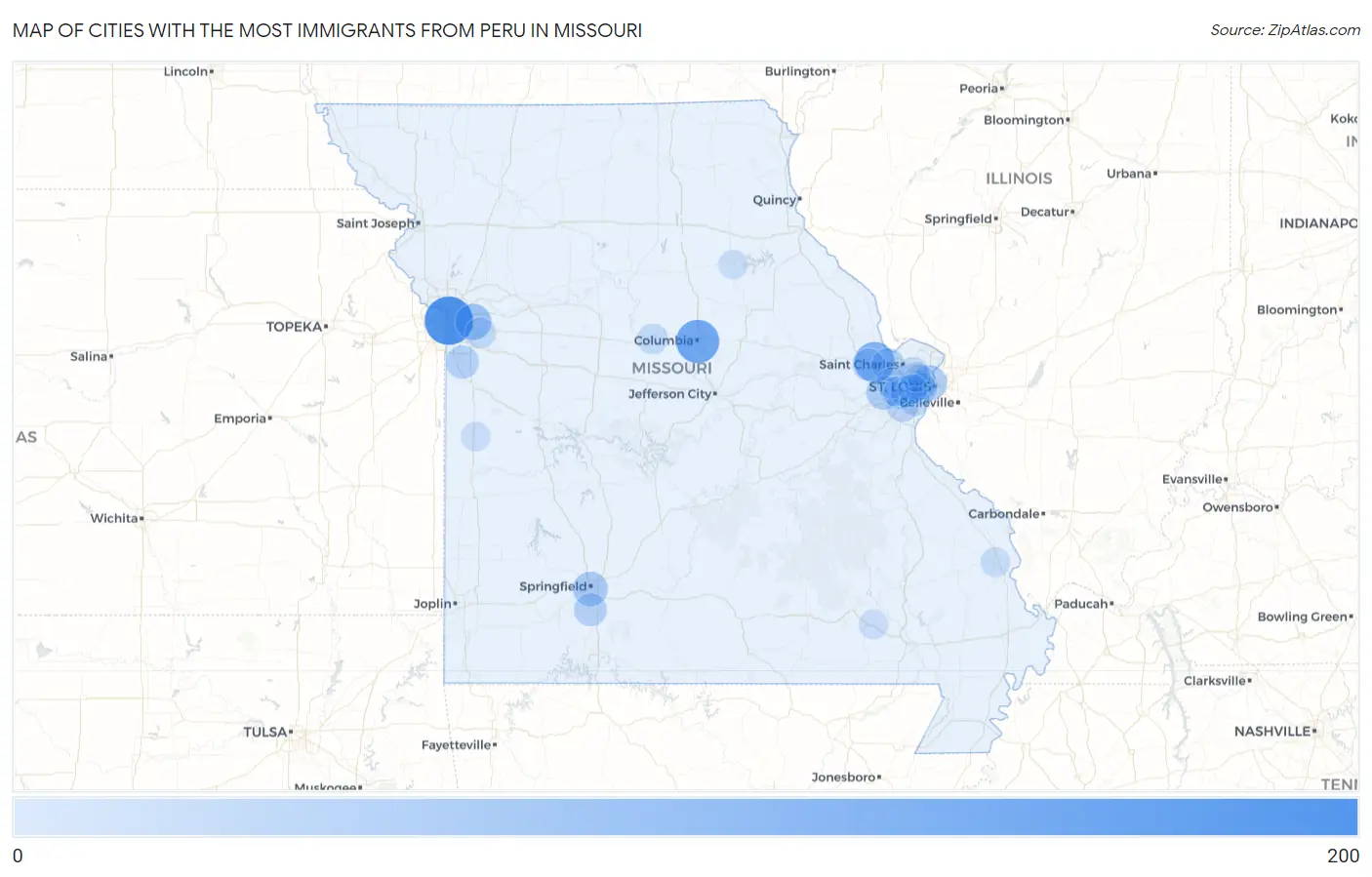 Cities with the Most Immigrants from Peru in Missouri Map