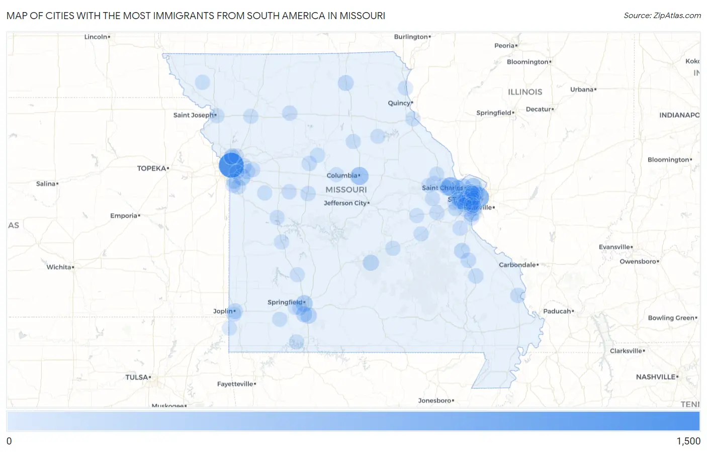 Cities with the Most Immigrants from South America in Missouri Map