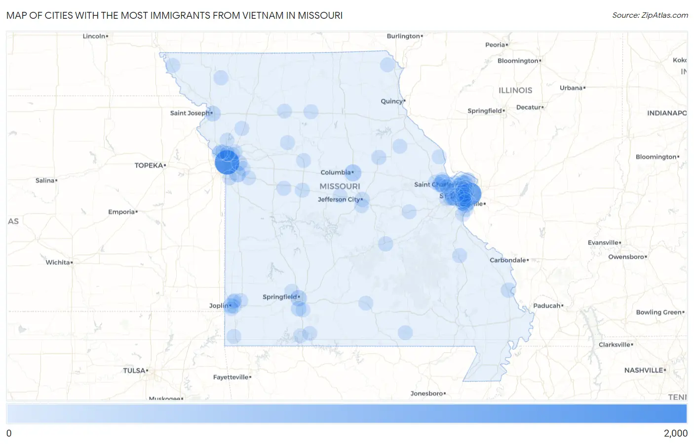 Cities with the Most Immigrants from Vietnam in Missouri Map