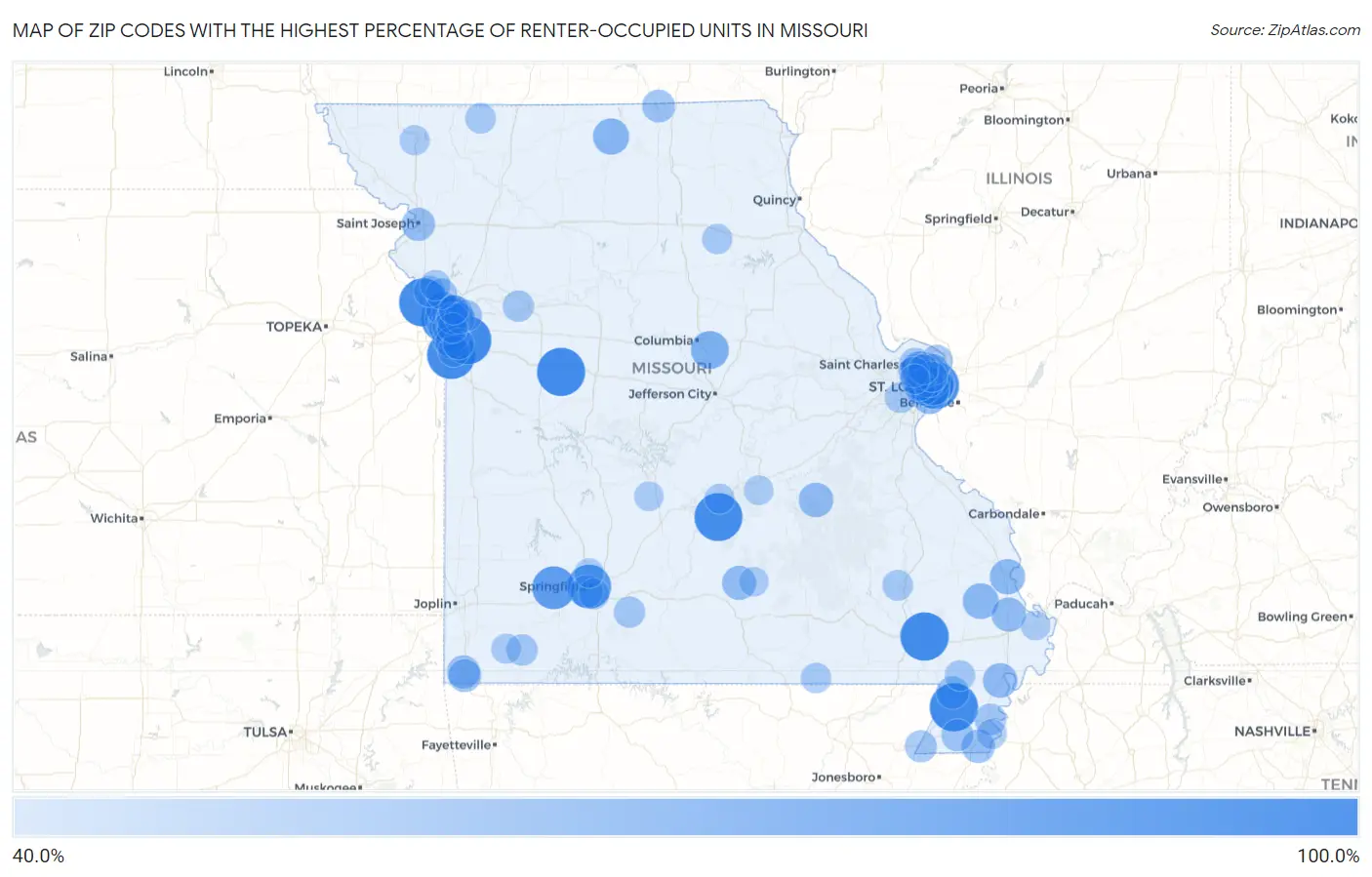 Zip Codes with the Highest Percentage of Renter-Occupied Units in Missouri Map