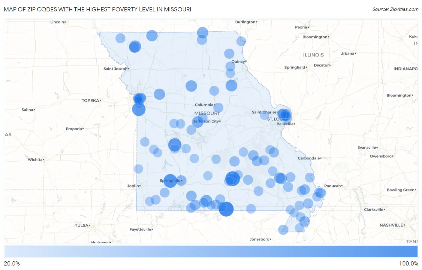 Zip Codes with the Highest Poverty Level in Missouri Map