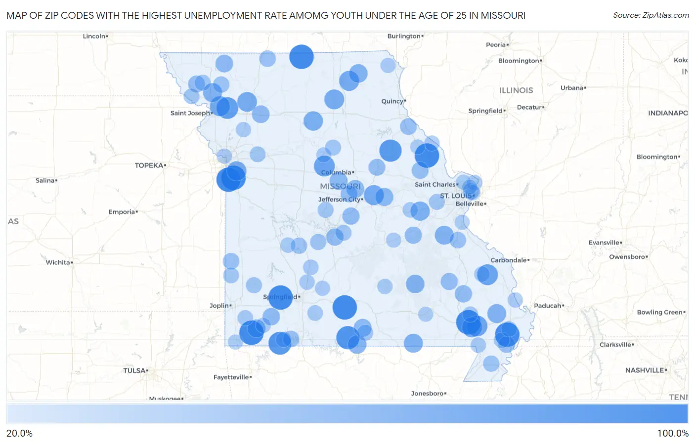 Zip Codes with the Highest Unemployment Rate Amomg Youth Under the Age of 25 in Missouri Map