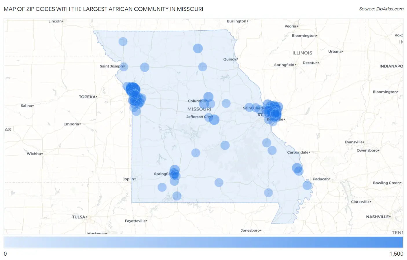 Zip Codes with the Largest African Community in Missouri Map