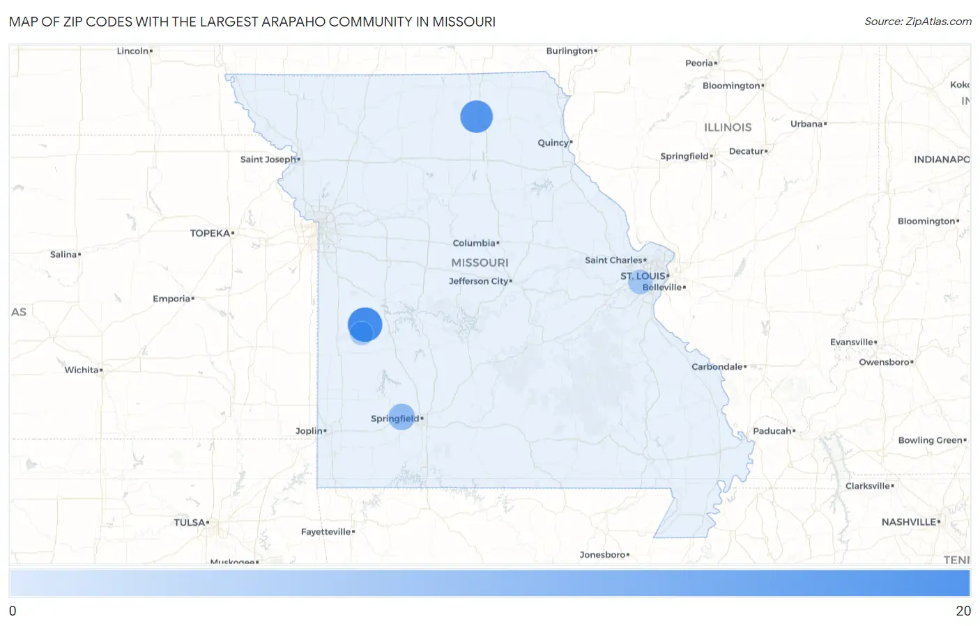 Zip Codes with the Largest Arapaho Community in Missouri Map