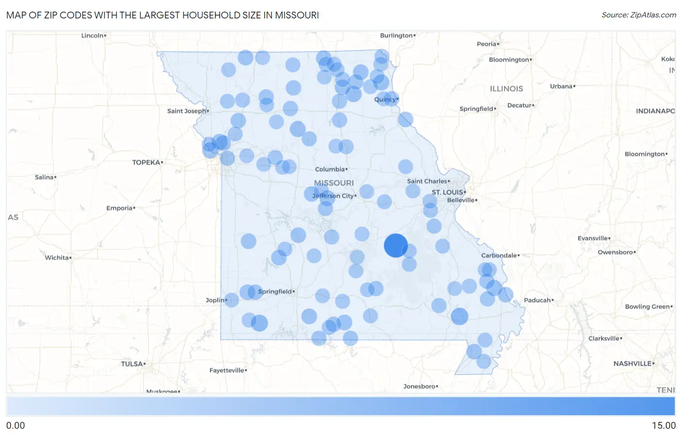 Zip Codes with the Largest Household Size in Missouri Map