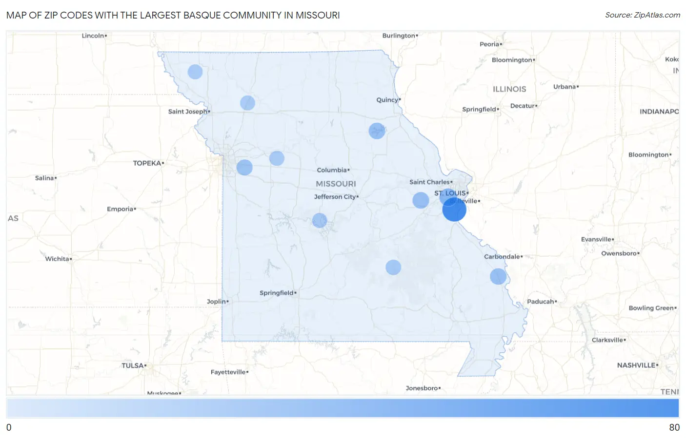 Zip Codes with the Largest Basque Community in Missouri Map