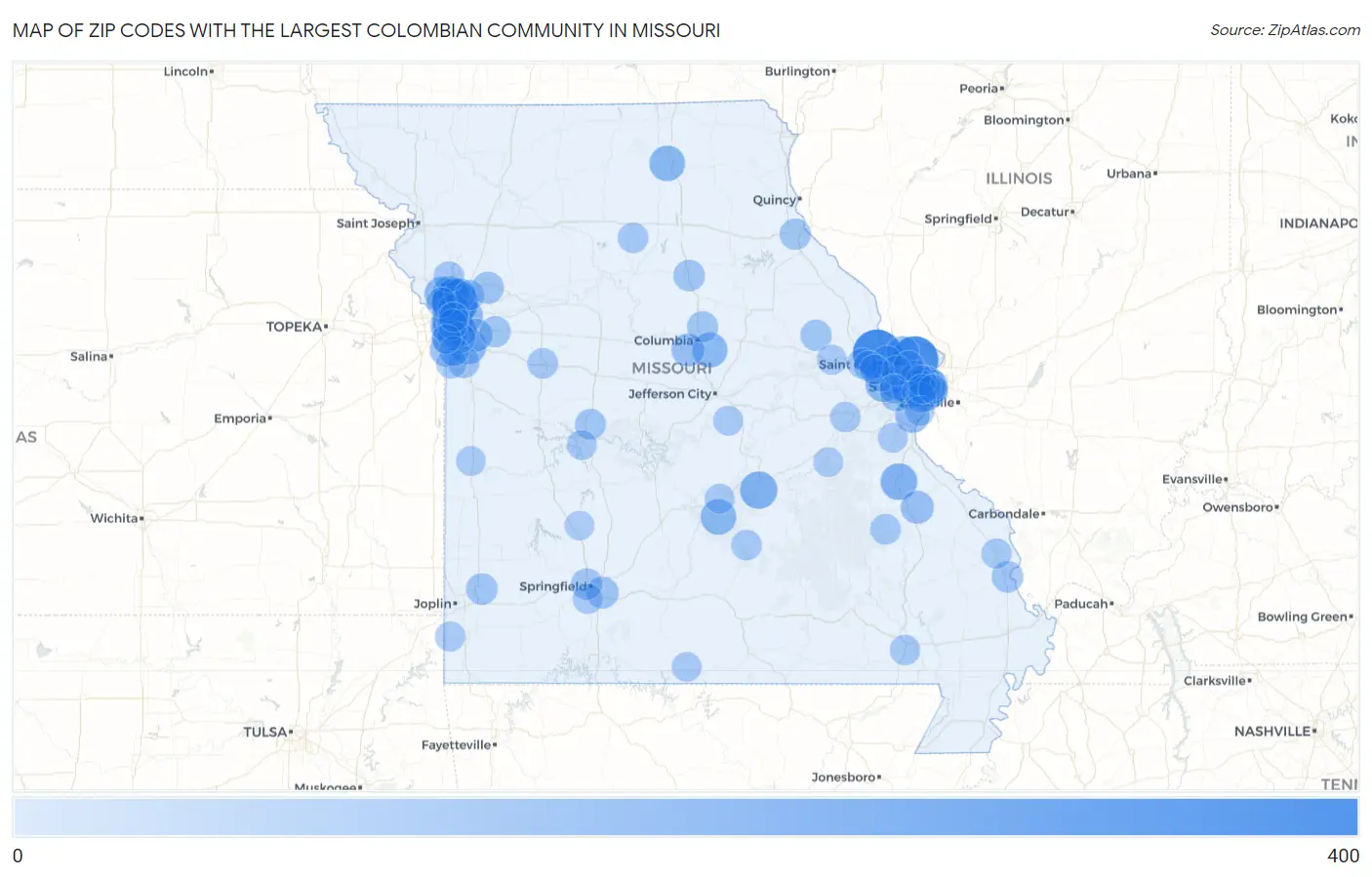 Zip Codes with the Largest Colombian Community in Missouri Map