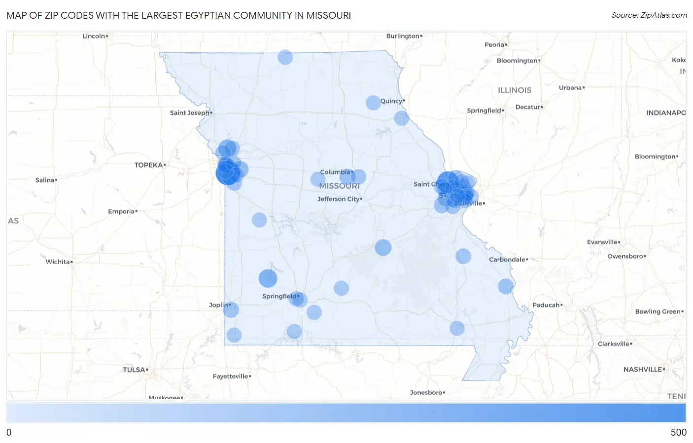 Zip Codes with the Largest Egyptian Community in Missouri Map