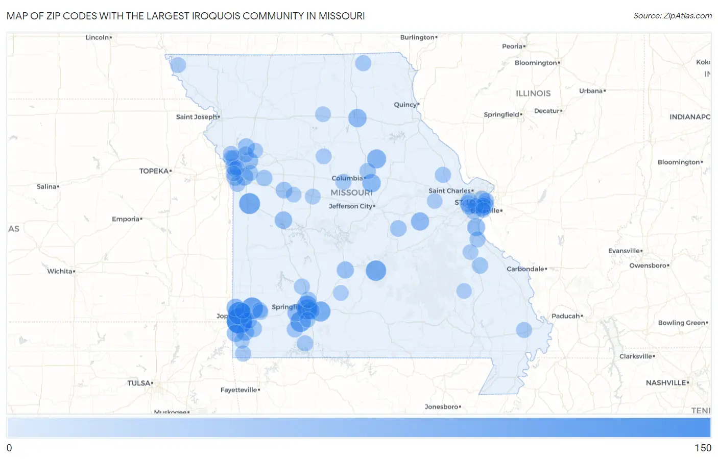Zip Codes with the Largest Iroquois Community in Missouri Map