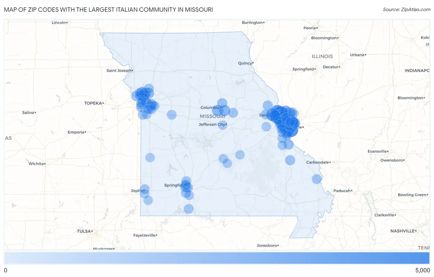 Zip Codes with the Largest Italian Community in Missouri Map