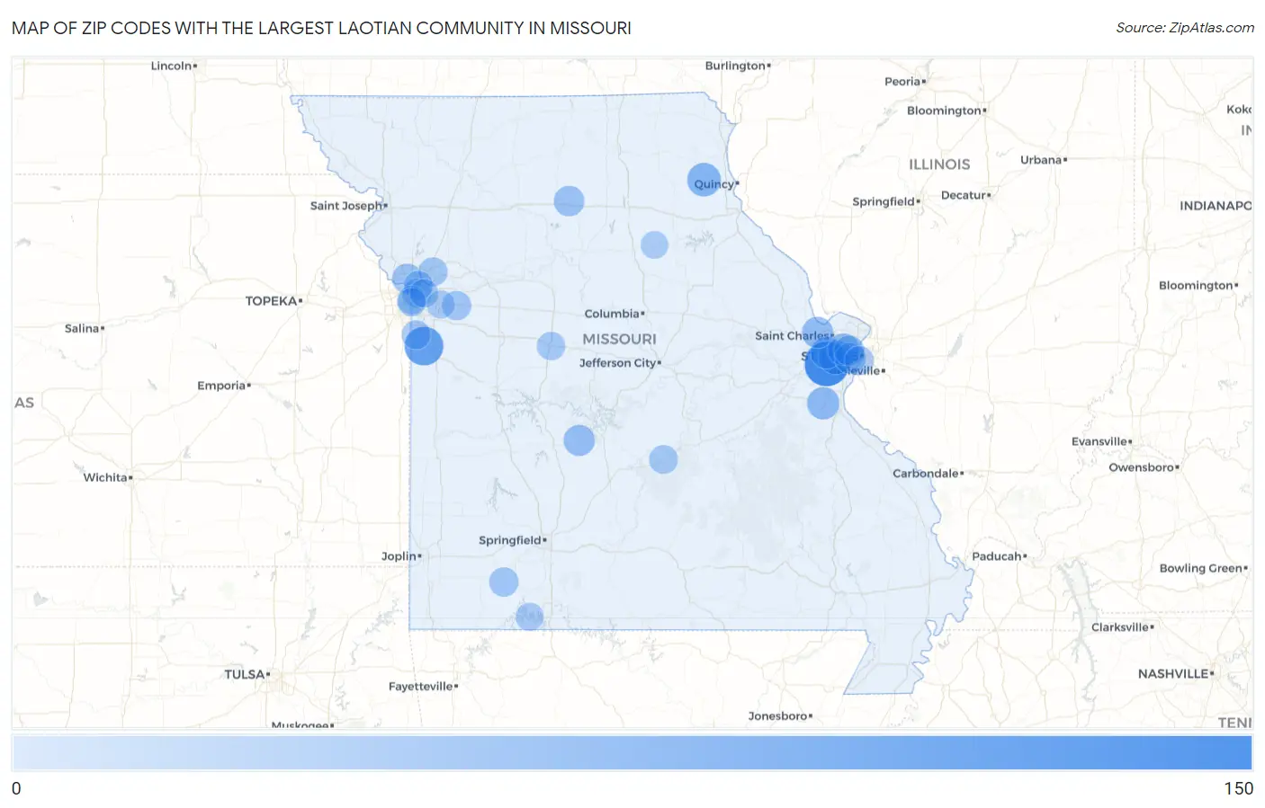 Zip Codes with the Largest Laotian Community in Missouri Map