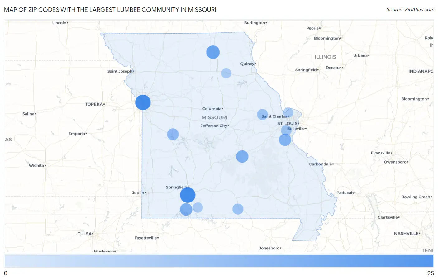 Zip Codes with the Largest Lumbee Community in Missouri Map