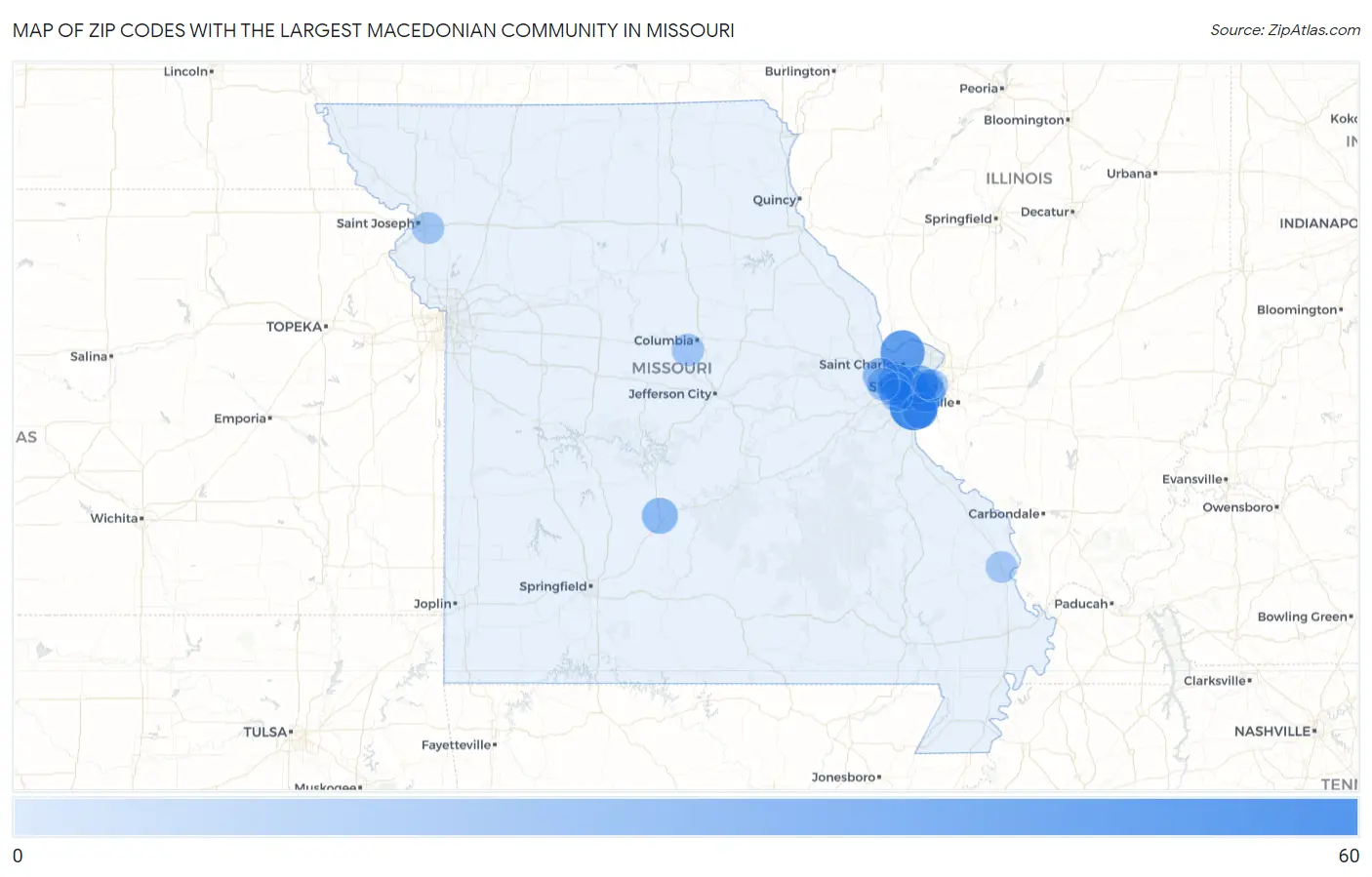 Zip Codes with the Largest Macedonian Community in Missouri Map
