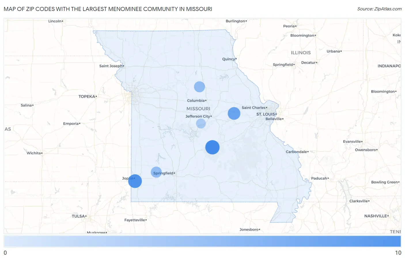 Zip Codes with the Largest Menominee Community in Missouri Map