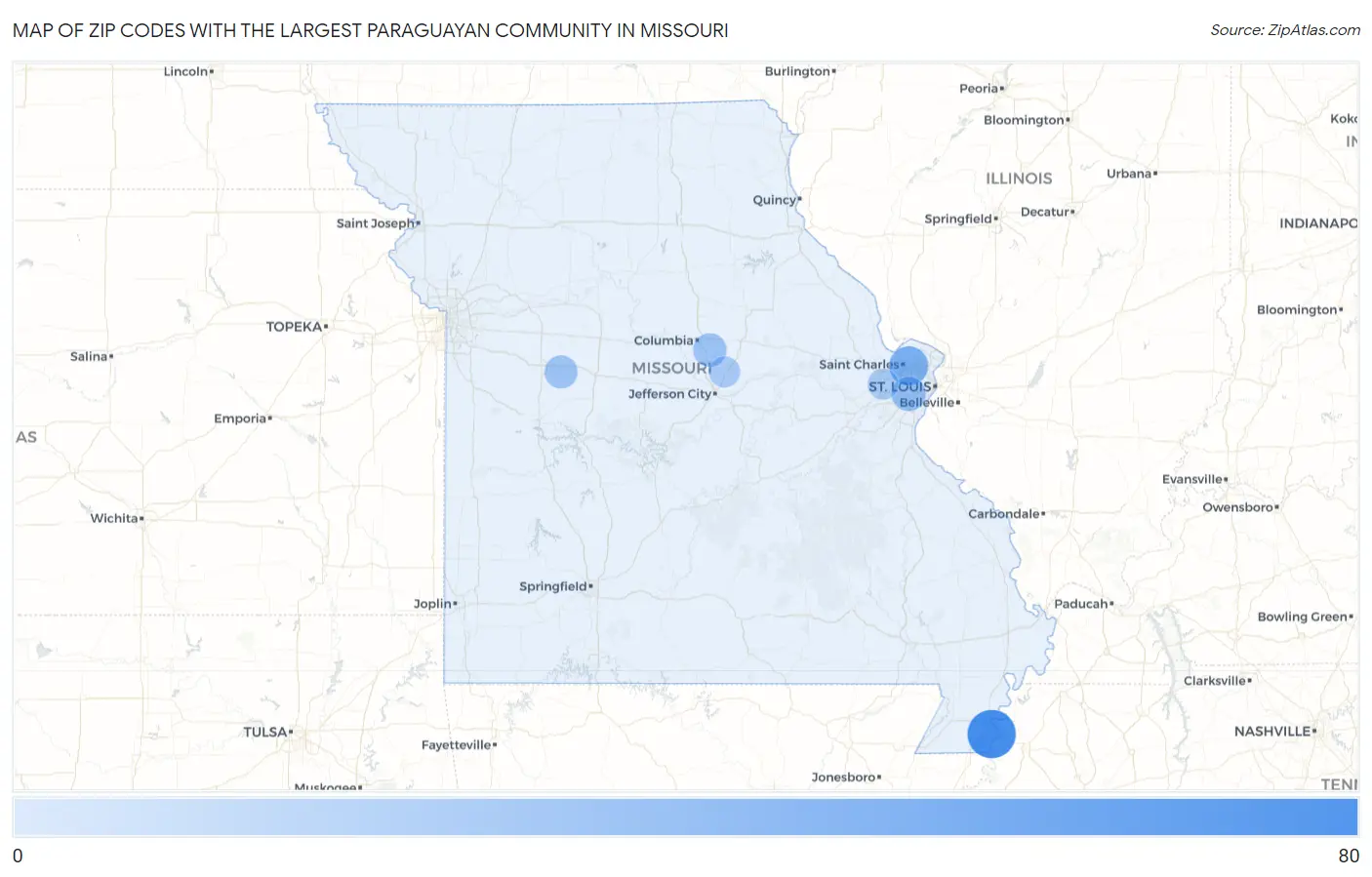 Zip Codes with the Largest Paraguayan Community in Missouri Map
