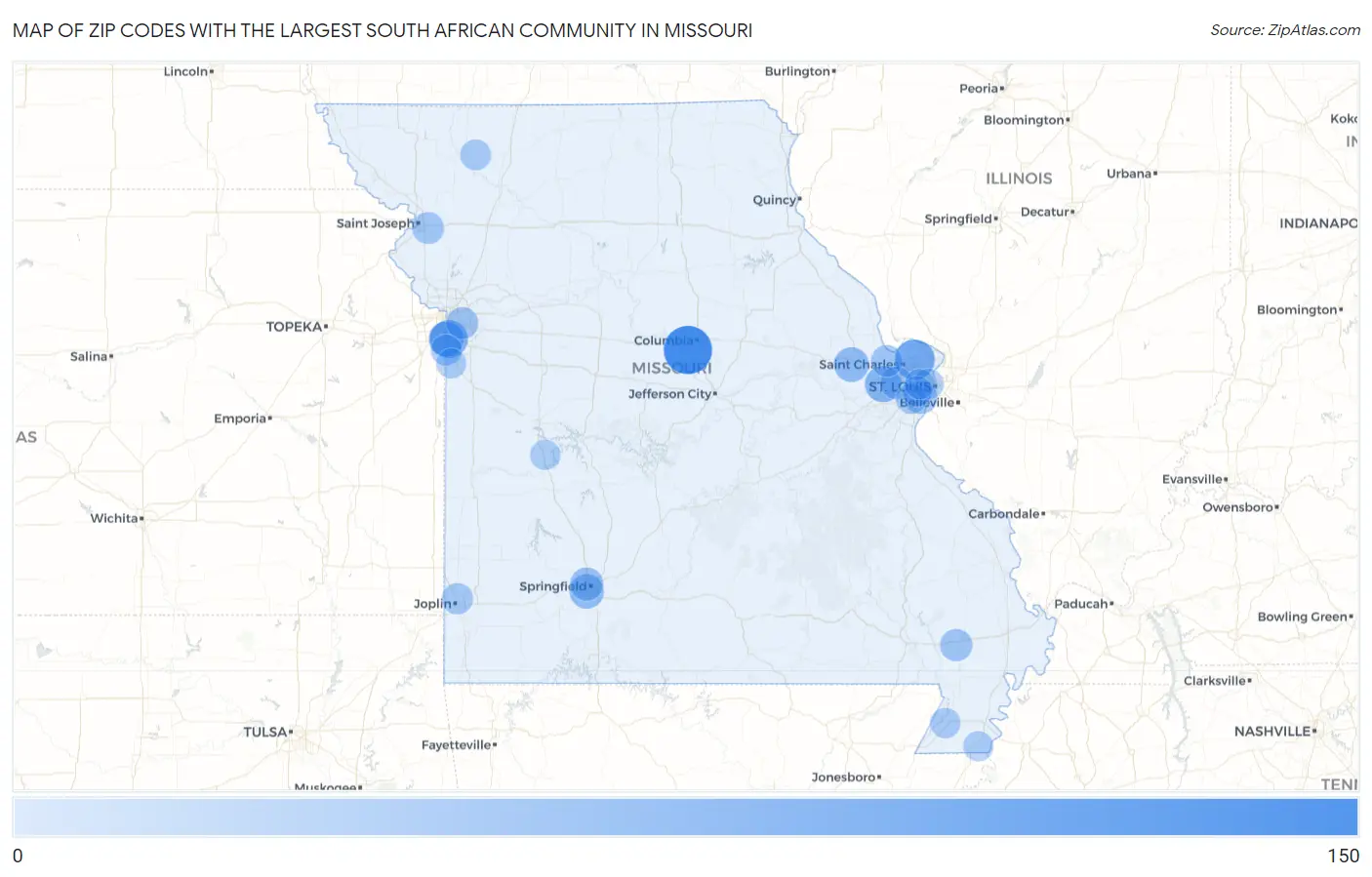 Zip Codes with the Largest South African Community in Missouri Map