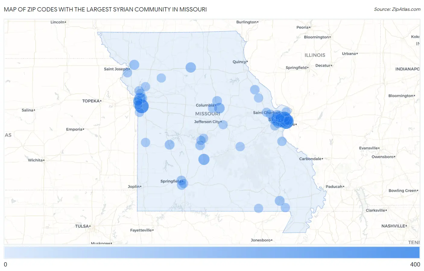 Zip Codes with the Largest Syrian Community in Missouri Map