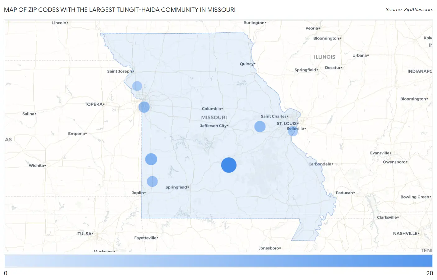 Zip Codes with the Largest Tlingit-Haida Community in Missouri Map