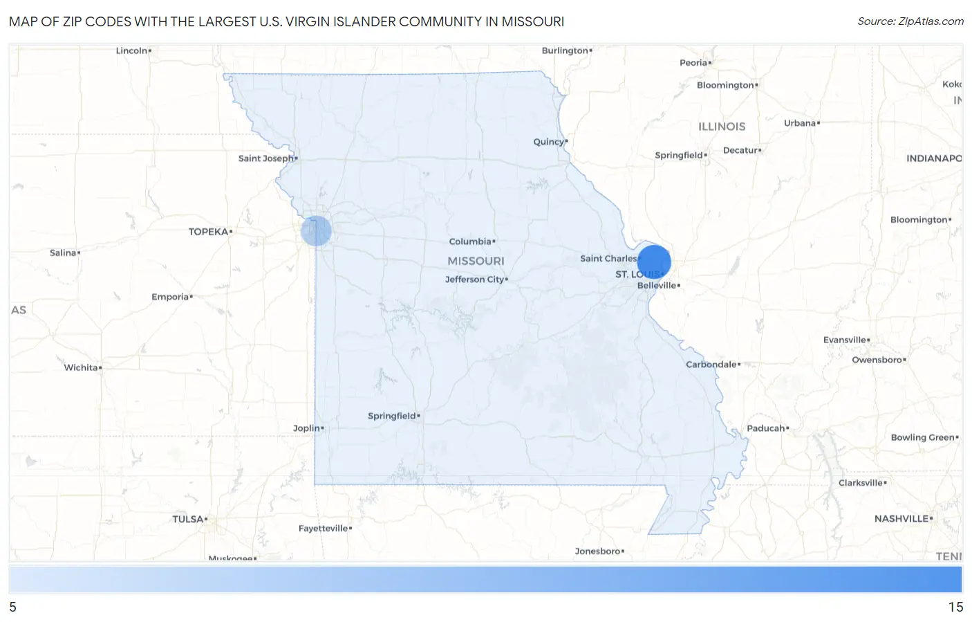 Zip Codes with the Largest U.S. Virgin Islander Community in Missouri Map