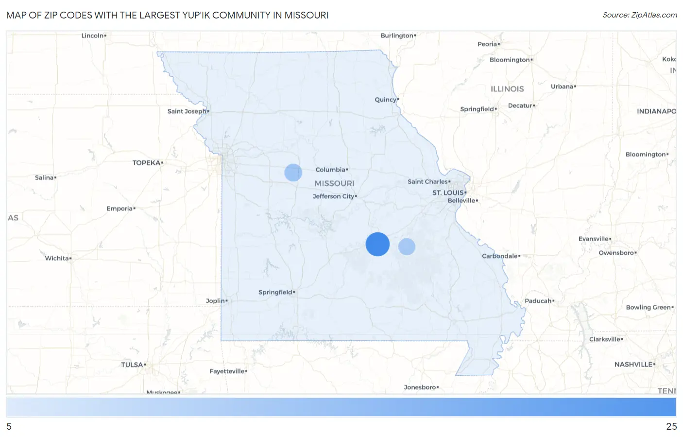 Zip Codes with the Largest Yup'ik Community in Missouri Map