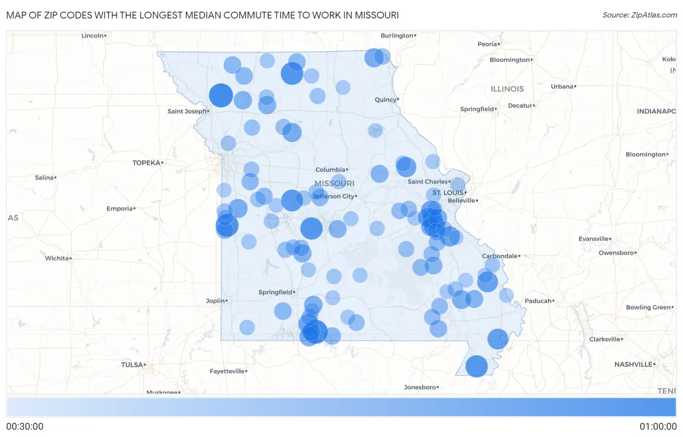 Zip Codes with the Longest Median Commute Time to Work in Missouri Map