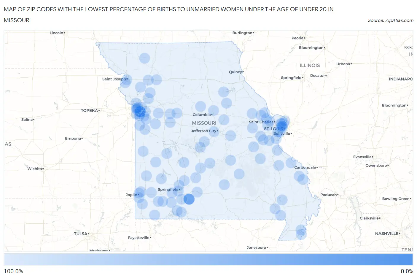 Zip Codes with the Lowest Percentage of Births to Unmarried Women under the Age of under 20 in Missouri Map