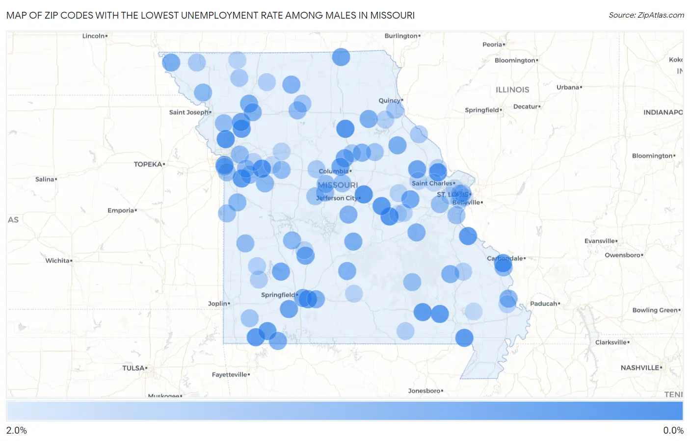 Zip Codes with the Lowest Unemployment Rate Among Males in Missouri Map