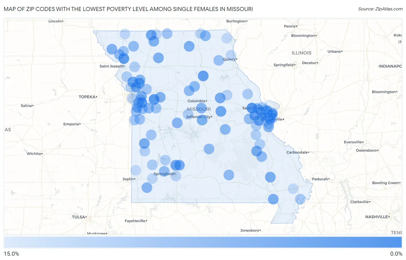 Zip Codes with the Lowest Poverty Level Among Single Females in Missouri Map