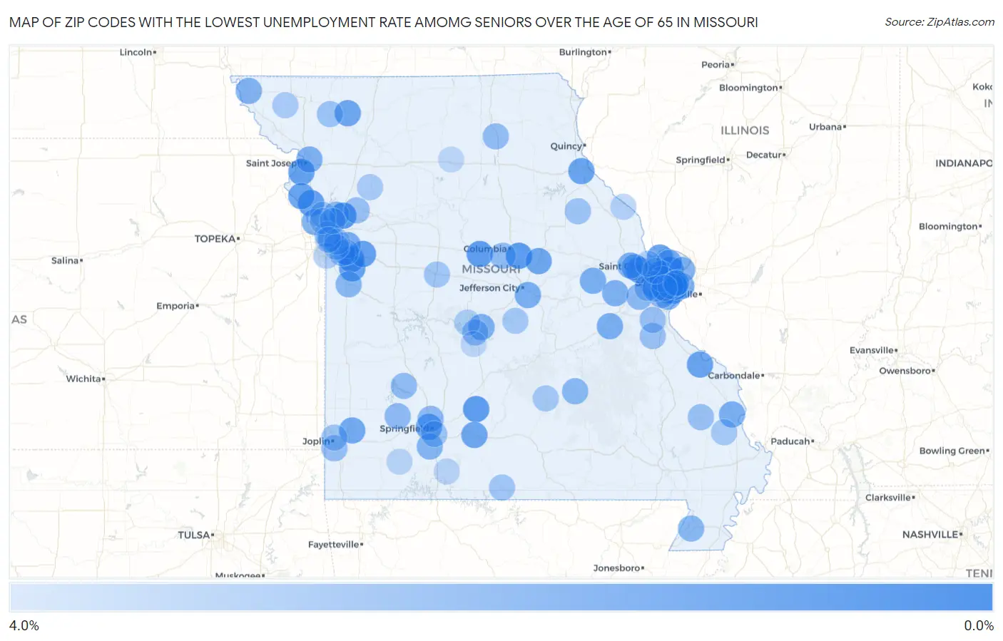 Zip Codes with the Lowest Unemployment Rate Amomg Seniors Over the Age of 65 in Missouri Map