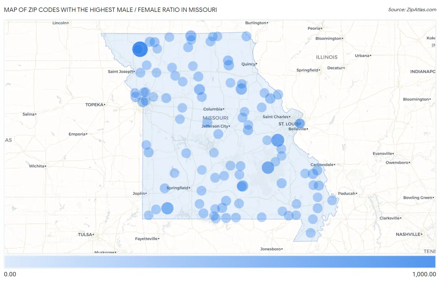 Zip Codes with the Highest Male / Female Ratio in Missouri Map