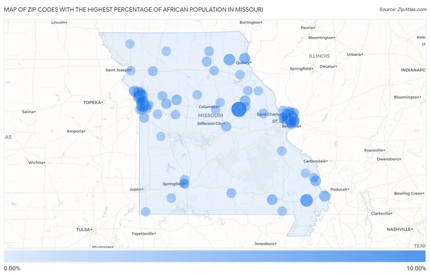 Zip Codes with the Highest Percentage of African Population in Missouri Map