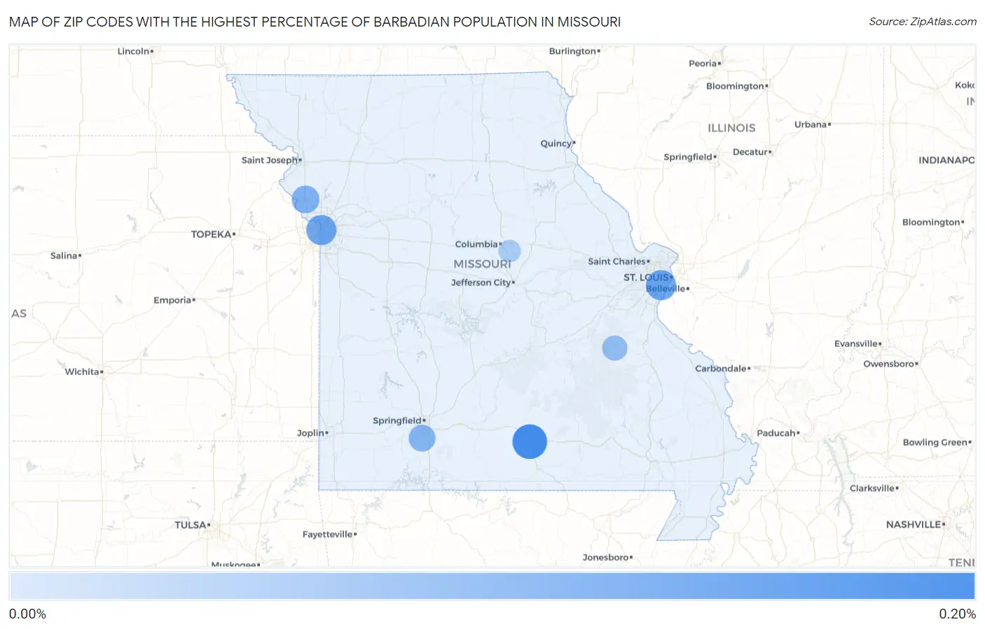 Zip Codes with the Highest Percentage of Barbadian Population in Missouri Map