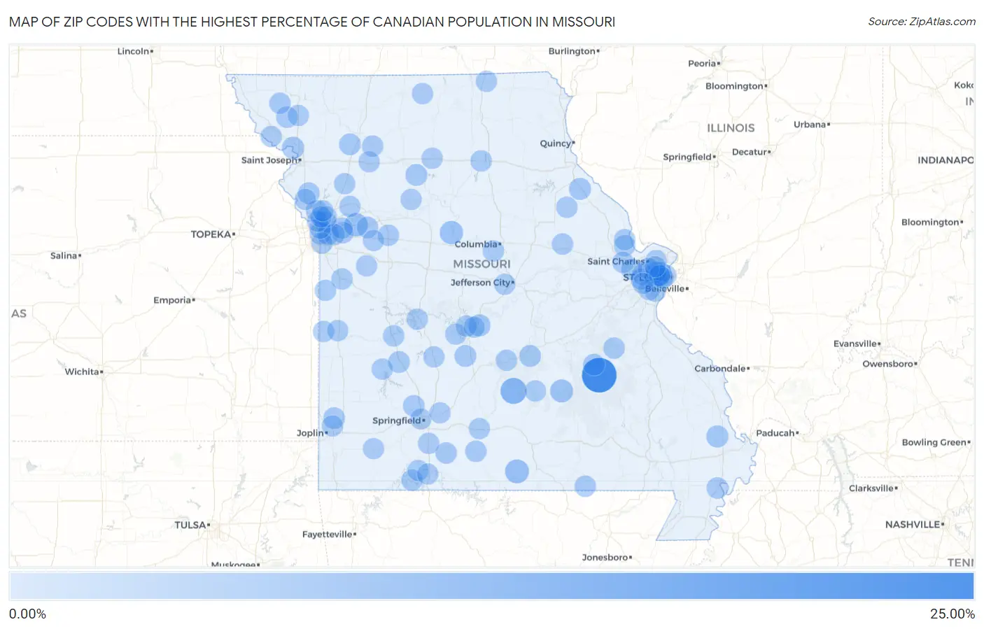 Zip Codes with the Highest Percentage of Canadian Population in Missouri Map