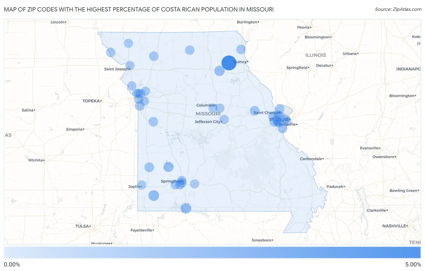 Zip Codes with the Highest Percentage of Costa Rican Population in Missouri Map