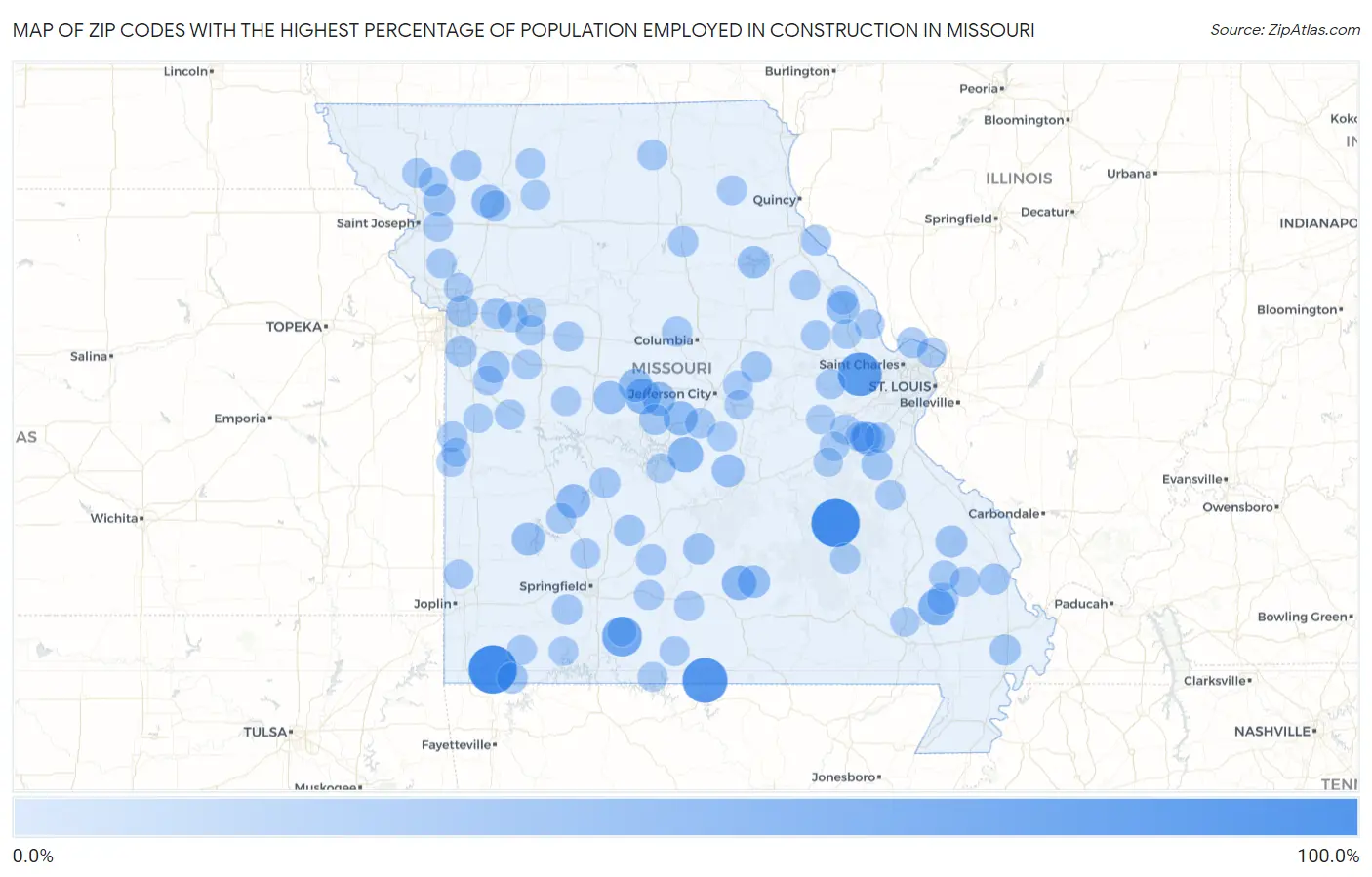 Zip Codes with the Highest Percentage of Population Employed in Construction in Missouri Map